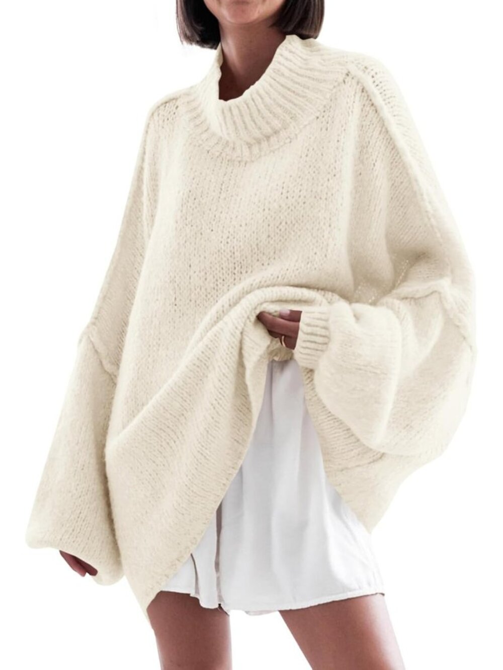 Women's Creamy-White Oversized Sweaters Mock Neck Fall Winter Tunic Sweater